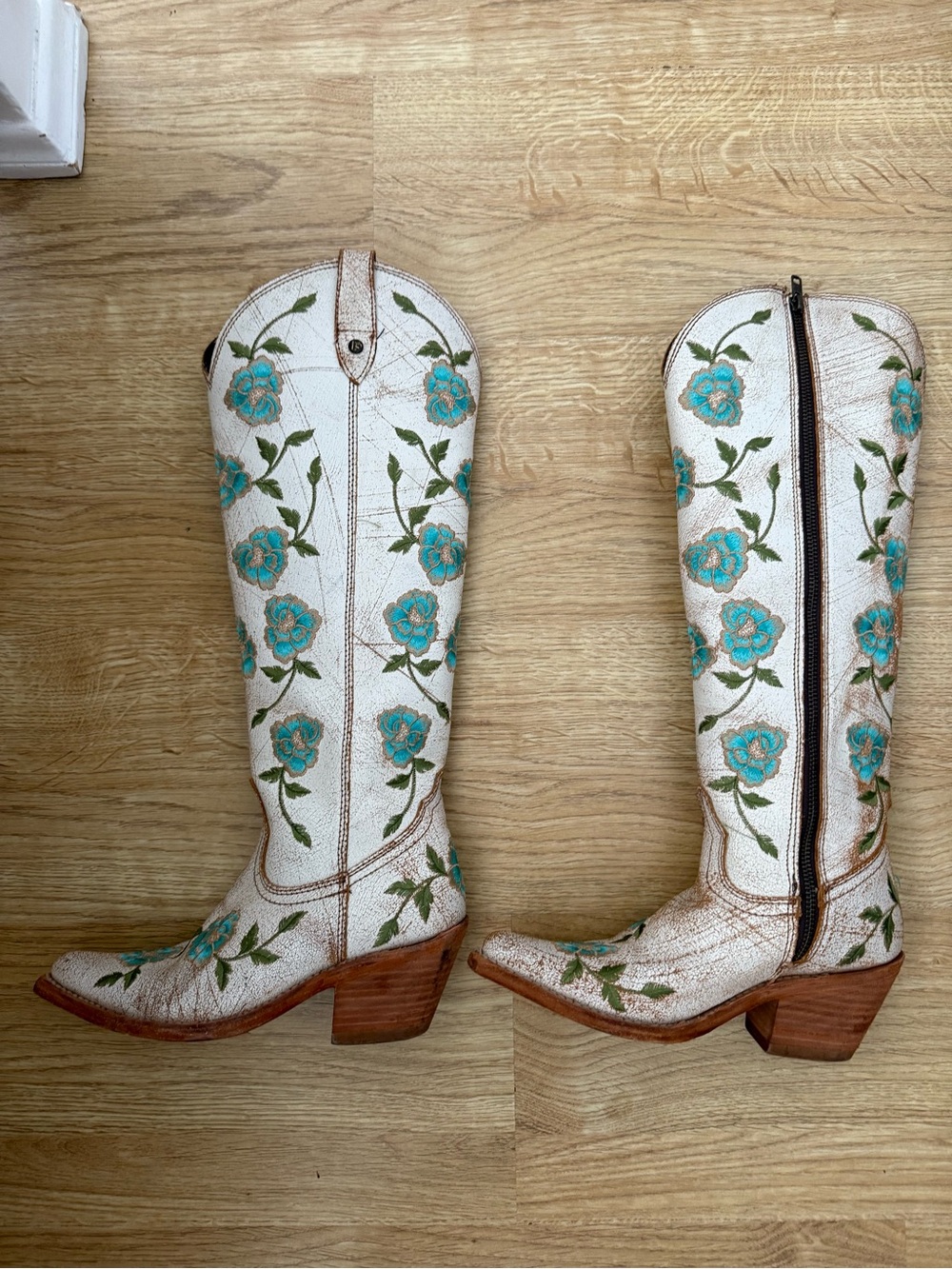 LIBERTY Black Cream Western Knee-High Boots with Turquoise Floral Embroidery